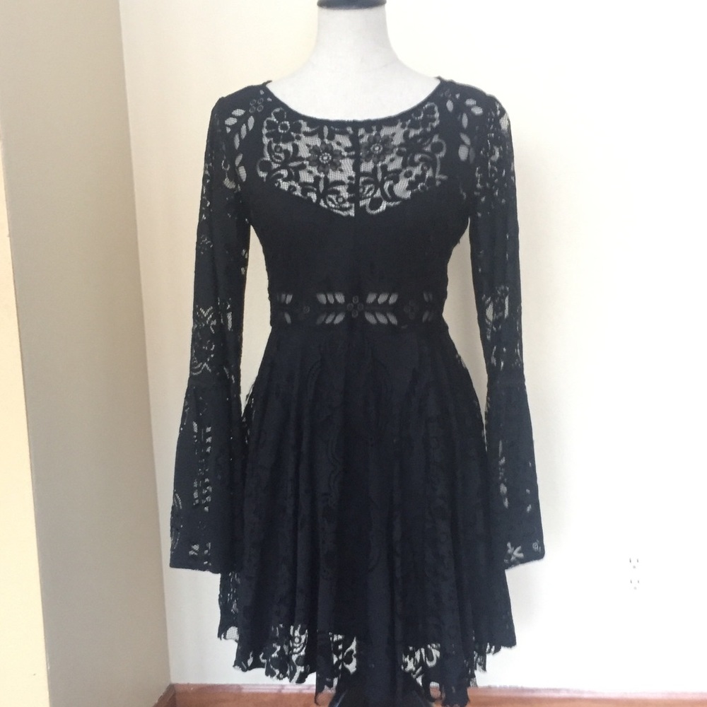 Free People Black Lace Long-sleeved Mini Dress